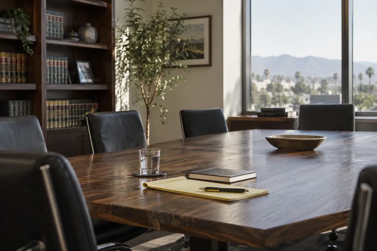 Law office conference room with a walnut table, leather chairs, and shelves of law books, with hills visible through the window