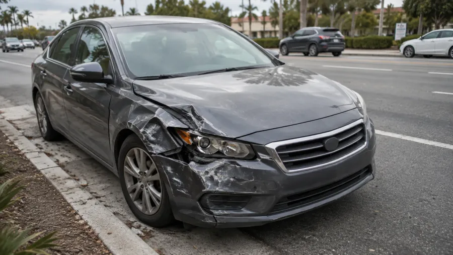 Gray sedan at the curb of a Los Angeles street with its front fender and headlight crushed in a collision