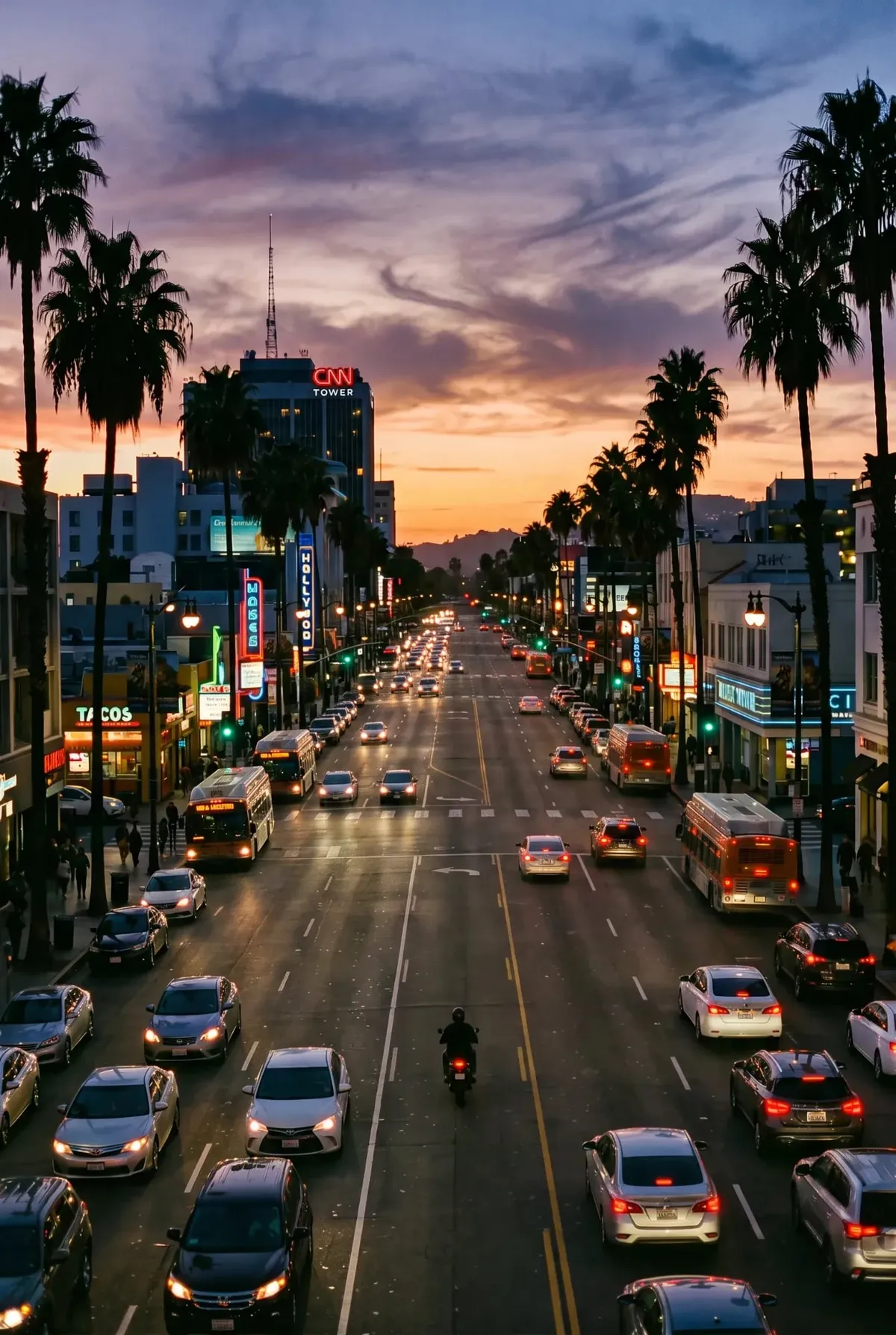 Evening traffic on a busy Los Angeles boulevard lined with palm trees and lit signs