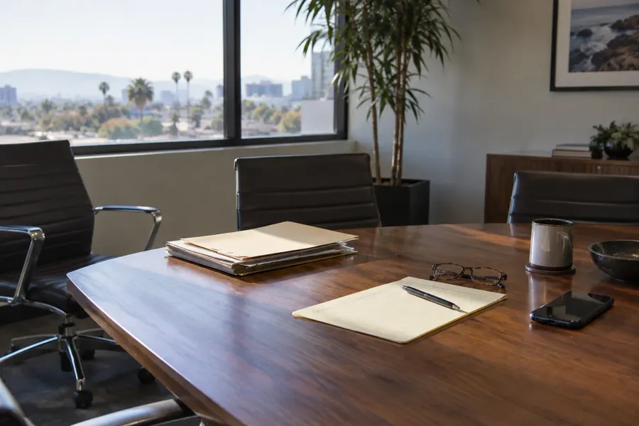 Law office conference table with stacked file folders, a legal pad, reading glasses, and a phone, overlooking Los Angeles rooftops with palm trees