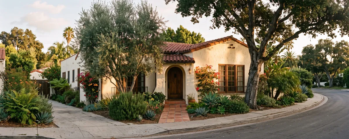 Spanish style bungalow in Los Angeles with a red tile roof, arched front door, and an olive tree shading the entry