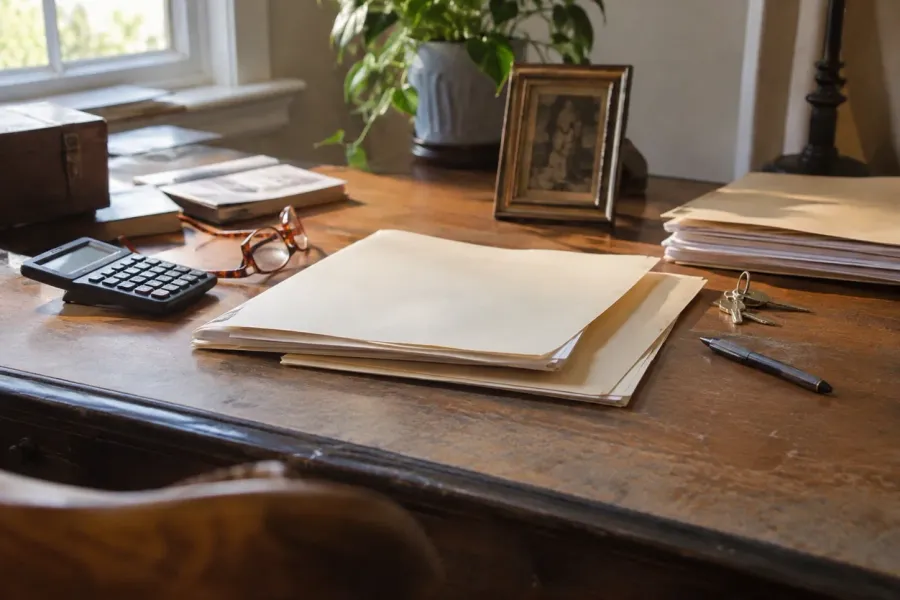 Manila folder of papers on an old wooden desk beside a calculator, reading glasses, a ring of keys, and a framed vintage photograph by the window